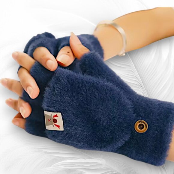 Navy Blue Fuzzy Convertible Mittens Warm Fingerless Gloves - Picture 2 of 5